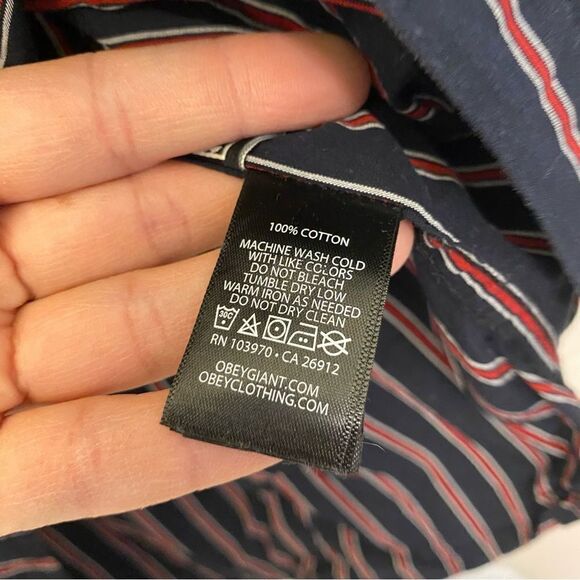 Obey 100% cotton Button Down stripe blue red casual Short Sleeve Shirt -S - Picture 6 of 7